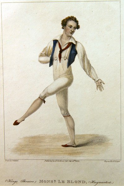 Muotokuva monsieur Le Blondista, tanssijasta Haymarket Theatressa Lontoossa, tanssimassa jalka ja käsi ojennettuna, kaiverrus R. Cooper tekijältä Johann Friedrich Maximilian von (after) Waldeck