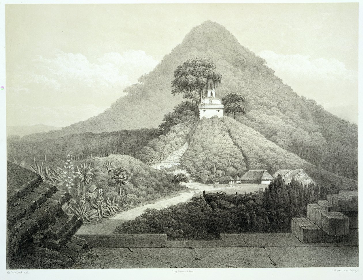 Kuvankaunis näkymä Ristin temppelissä, Palenque, levy 20 julkaisusta "Ancient Monuments of Mexico", kaiverrettu Hubert Clerget (1818-99) 1866 tekijältä Johann Friedrich Maximilian von Waldeck