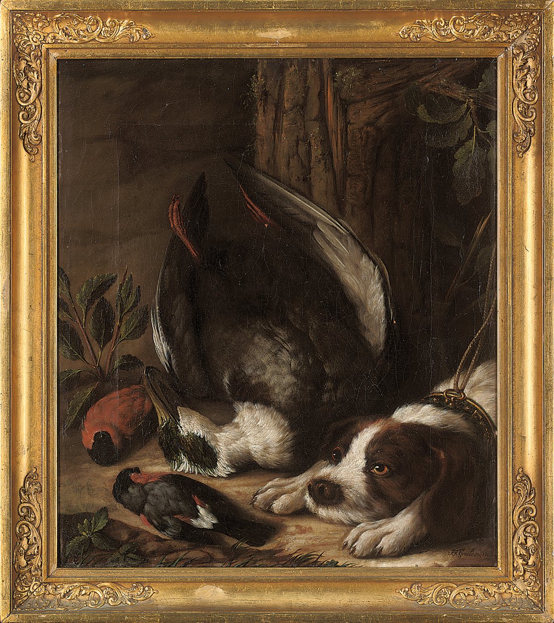 Metsästyskoira ja sen saalis, 1768 tekijältä Johann Friedrich von Grooth