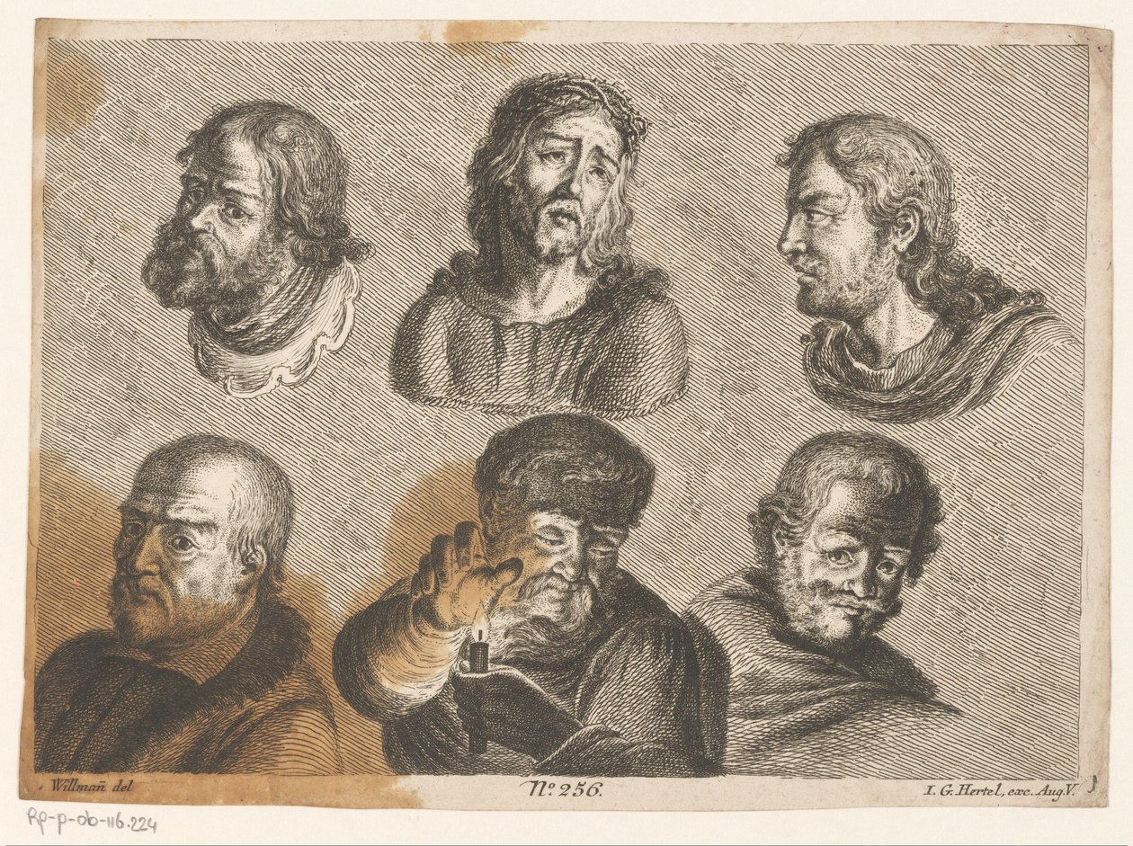 Kuusi miehen päätä, mukaan lukien Kristus ja mies kynttilän kanssa tekijältä Johann Georg Hertel (I) (possibly)