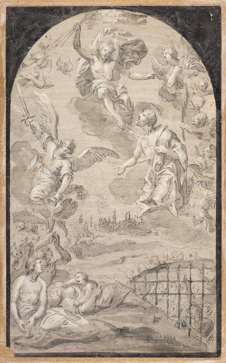 Pyhä rukoilee Kristuksen kanssa, ettei hän heittäisi salamaa Augsburgin kaupunkiin tekijältä Johann Georg Melchior (1625 1705) Schmittner