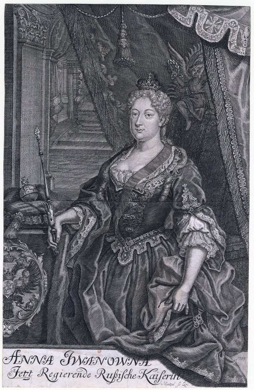 Anna Ivanovna oli Venäjän keisarinna 30.1.1730-29.10.1740. - Keisarinna Anna Ioannovnan (1693-1740) muotokuva - Mentzel (Menzel), Johann Georg (1677-1743) - 1733 - Kuparikaiverrus - 02. 6 - Yksityinen kokoelma tekijältä Johann Georg Menzel