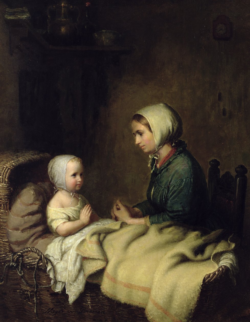Pieni tyttö sanoo rukouksensa sängyssä tekijältä Johann Georg Meyer von Bremen