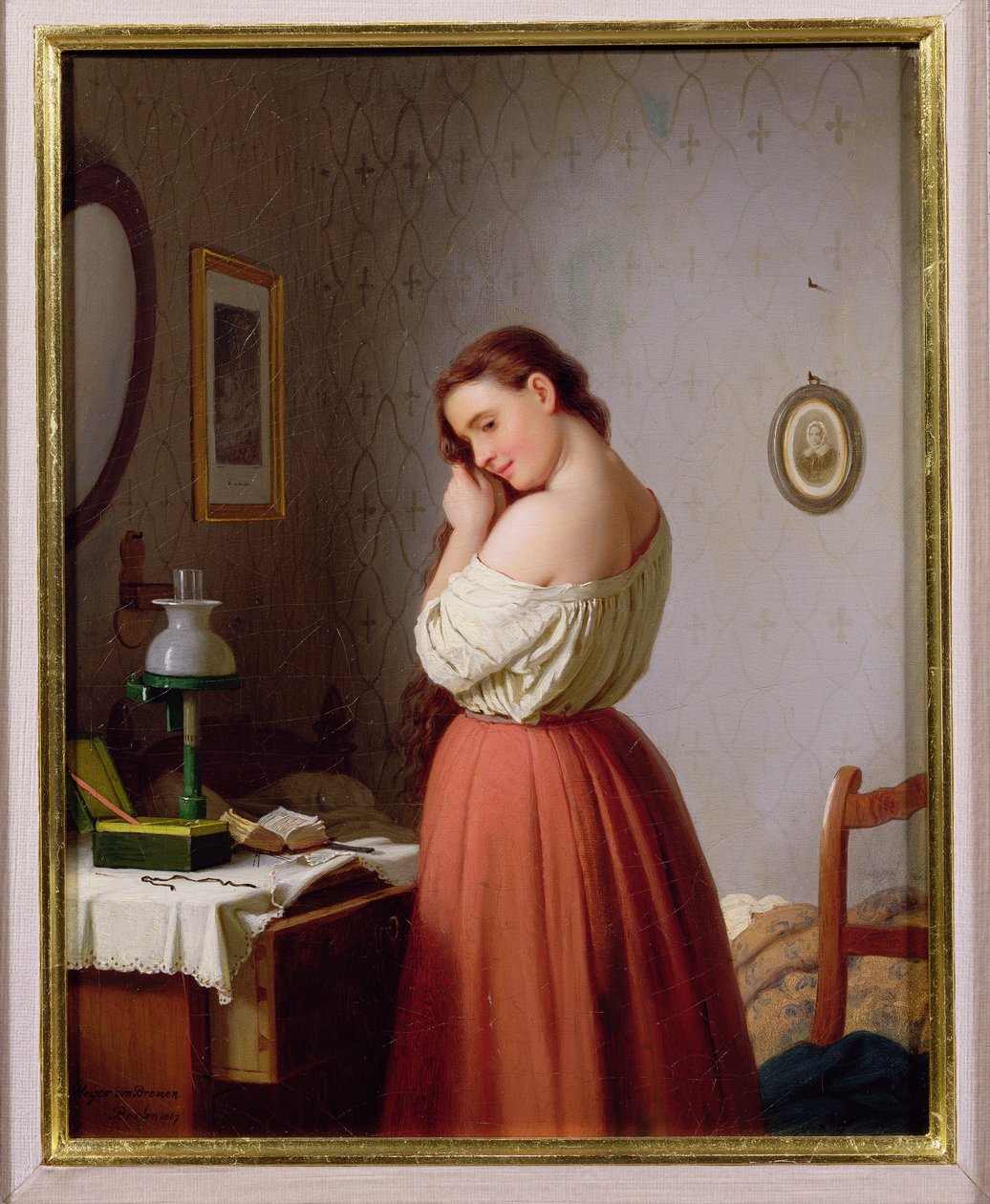 Nuori nainen punomassa hiuksiaan tekijältä Johann Georg Meyer von Bremen