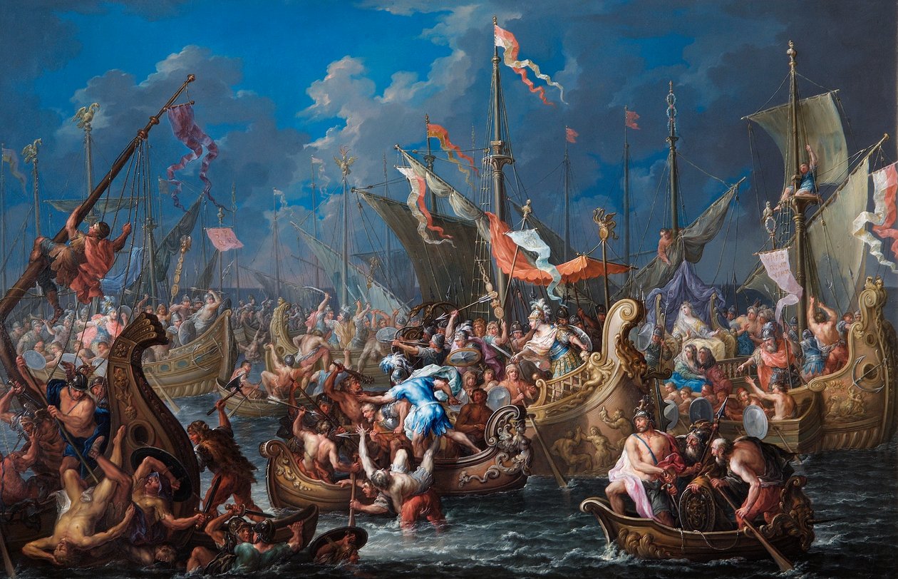 Anthony ja Cleopatra Actiumin taistelussa (öljy kuparilla) tekijältä Johann Georg Platzer