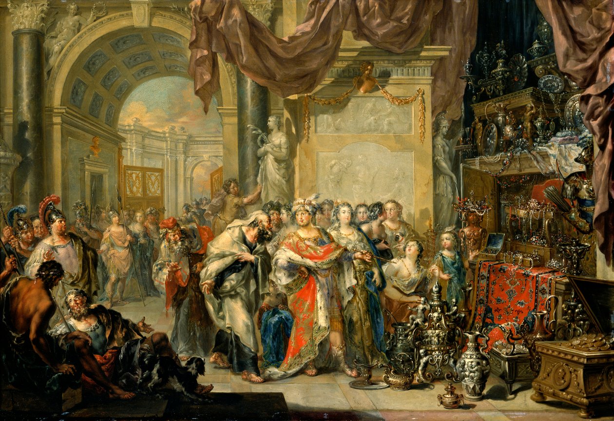 ""Cresus (596-546 avant JC) montre ses tresors a Solon (640-558 av. JC)" - Croesus ja Solon - Öljy kuparille, kirjoittanut Johann Georg Platzer (1704-1761) - Valtion taidegalleria, Dresden tekijältä Johann Georg Platzer
