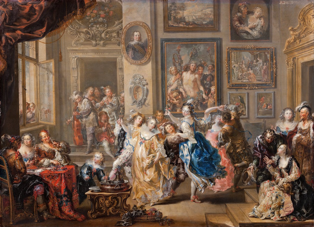 Tanssikohtaus palatsissa, n. 1730 (öljy kuparille) tekijältä Johann Georg Platzer
