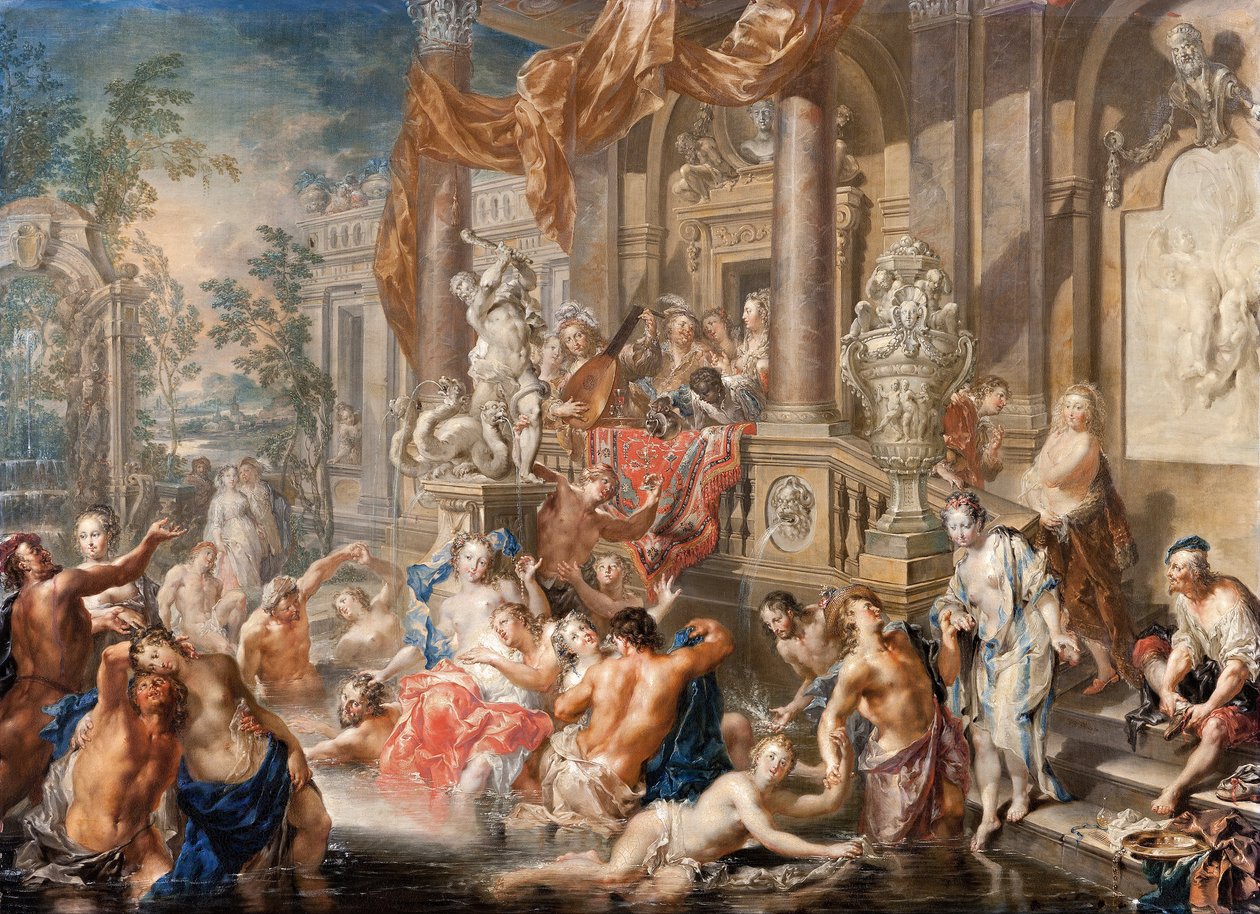 Suihkulähdekohtaus palatsin edessä, noin 1730 (öljy kuparille). tekijältä Johann Georg Platzer