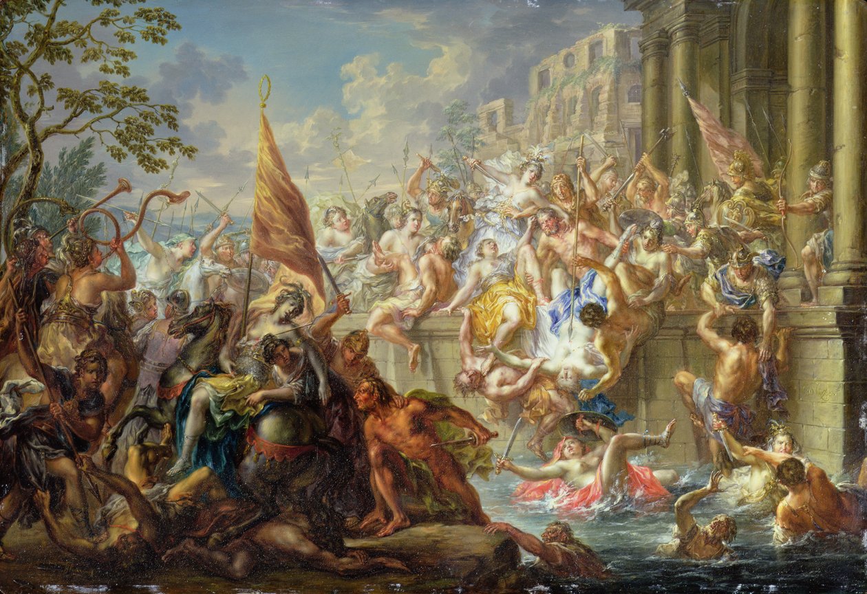 Amazonien taistelu, n. 1730 (öljy kuparilla) tekijältä Johann Georg Platzer