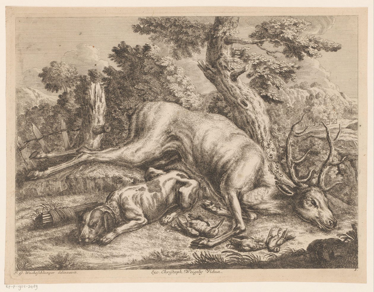 Metsästyskoira ja saalis peurojen ja lintujen kanssa Metsästyssaappaat (sarjan nimi) tekijältä Johann Georg Wachsschlunger