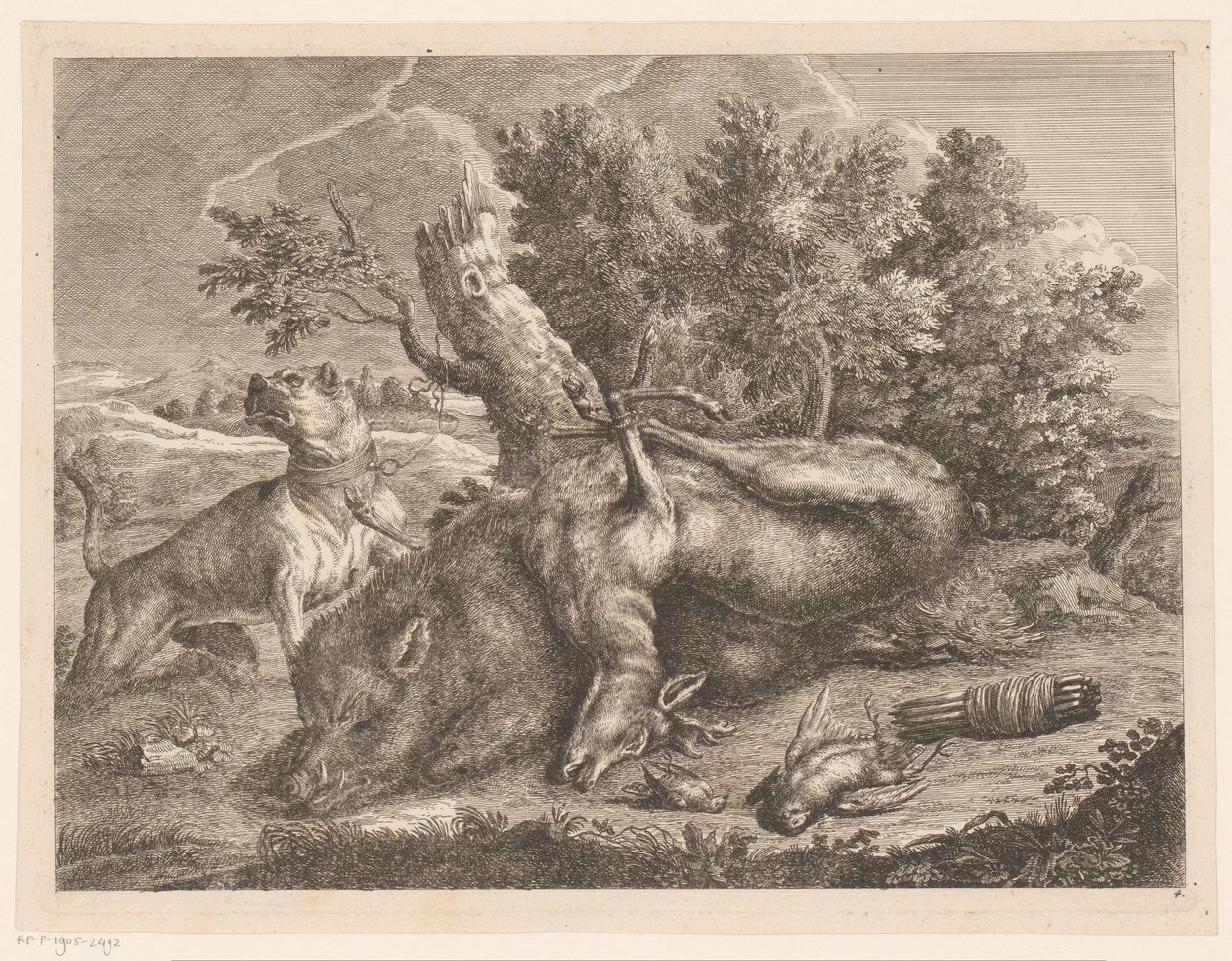 Metsästyskoira ja saalis villisian, kauriin ja lintujen kanssa Metsästyssaappaat (sarjan nimi) tekijältä Johann Georg Wachsschlunger