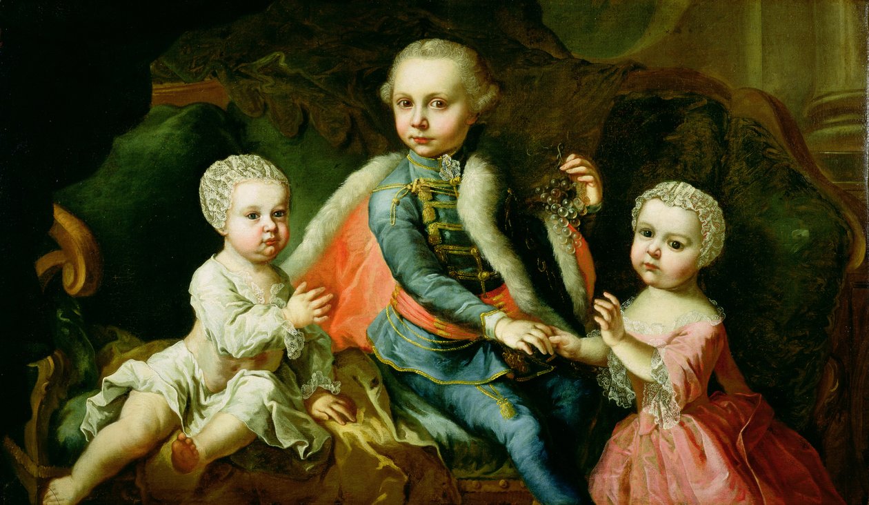Kolme lasta istumassa sohvalla, sanotaan olevan Esterhazy-perheen jäseniä, 1771 (öljy vuoraamattomalle kankaalle) tekijältä Johann Georg Weikert