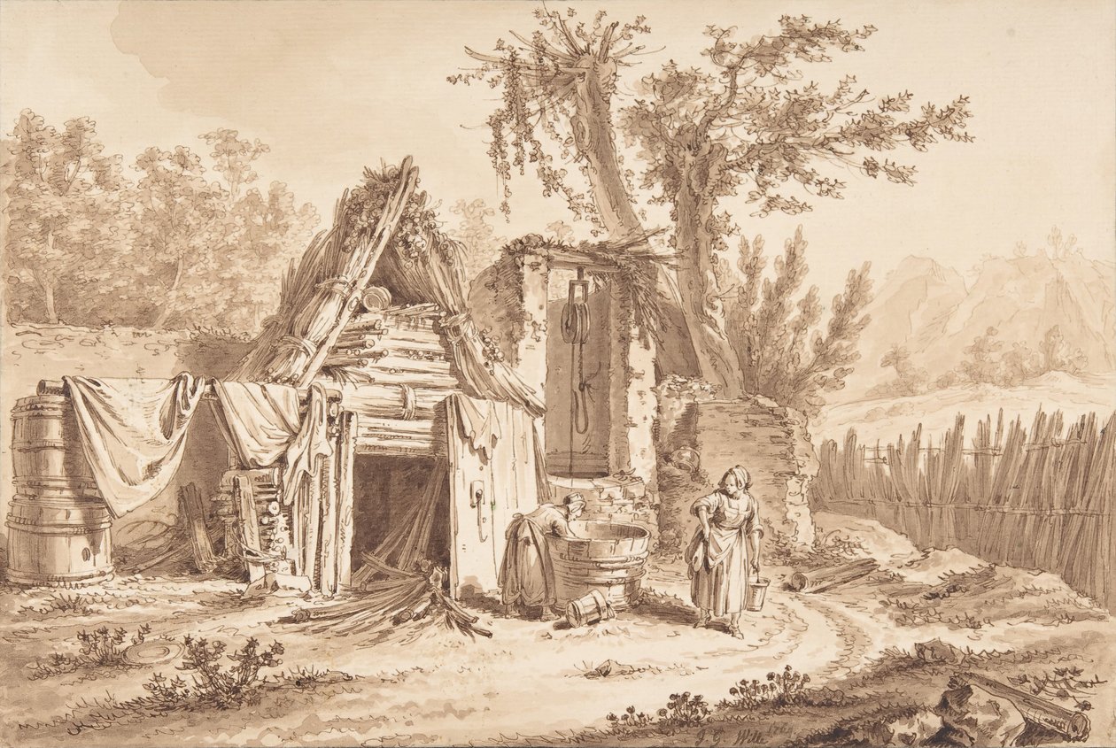 Pesijanaiset mökin edessä, 1769. tekijältä Johann Georg Wille