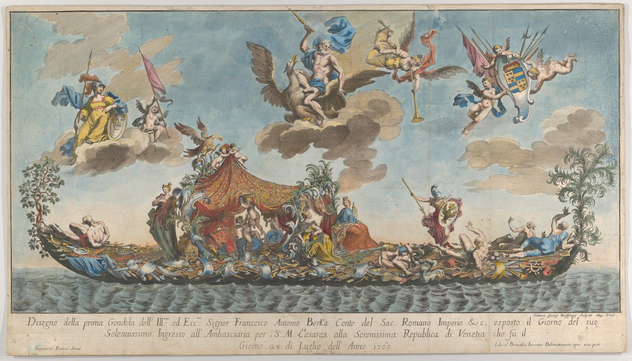 Francesco Antonio Berkan erittäin koristeltu ensimmäinen gondoli saapumassa Venetsiaan, Gods on cl..., 1700. tekijältä Johann Georg Wolfgang