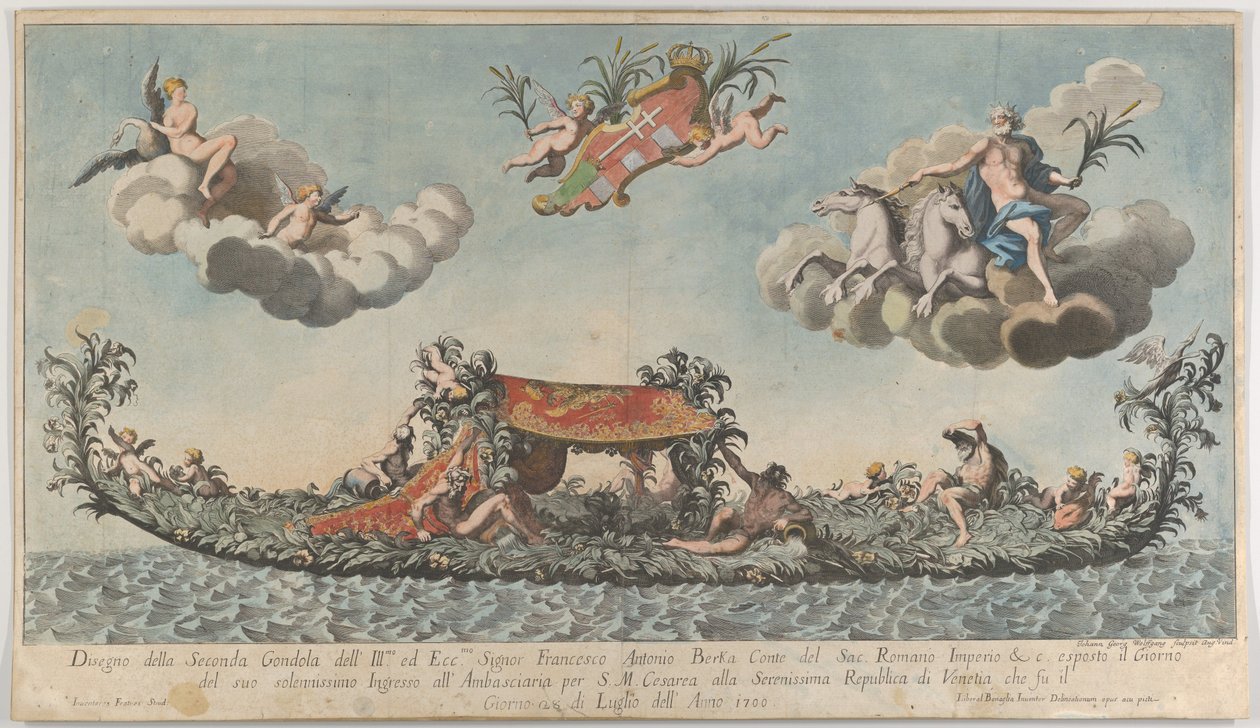 Francesco Antonio Berkan erittäin koristeltu toinen gondoli saapumassa Venetsiaan, jumalat n..., 1700. tekijältä Johann Georg Wolfgang