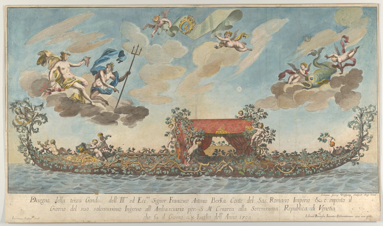 Francesco Antonio Berkan erittäin koristeltu kolmas gondoli saapumassa Venetsiaan, Gods on cl..., 1700. tekijältä Johann Georg Wolfgang