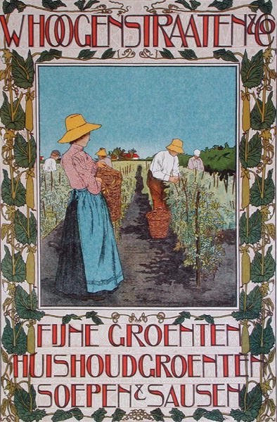 Herneiden sadonkorjuu, julistemainos "Whoogenstraaten & Co., hienojen vihannesten, keittojen ja kastikkeiden toimittajat" n. 1898-90 (värilitho) tekijältä Johann Georg van Caspel