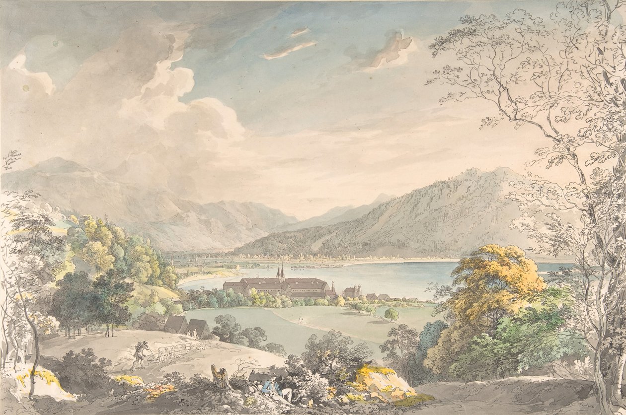 Näkymä Tegernseen luostarista koillisesta nähtynä, 1700-luvun loppu - 1800-luvun puoliväli. tekijältä Johann Georg von Dillis