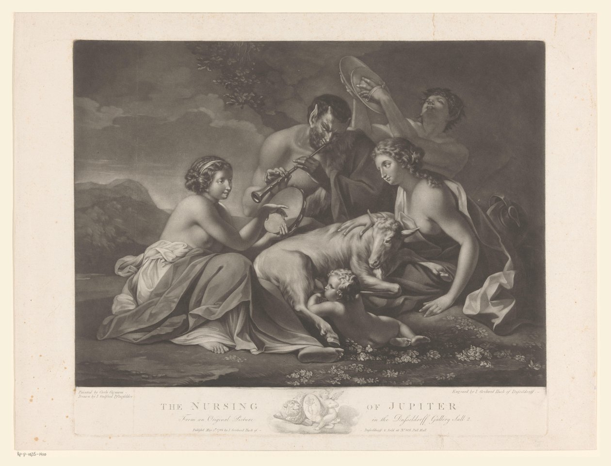 Jupiter gezoogd door de geit Amalthea Jupiterin hoito (otsikko esineessä) tekijältä Johann Gerard Huck