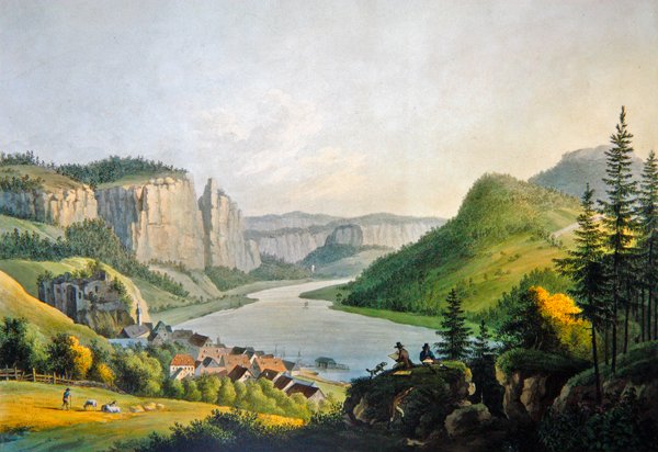 Näkymä Wehlenistä Elbellä lähellä Konigsteinia Sachsenissa, kaiverrus Johann-Friedrich Wizani (1770-1835) (värikaiverrus) tekijältä Johann Gottfried (after) Jentsch