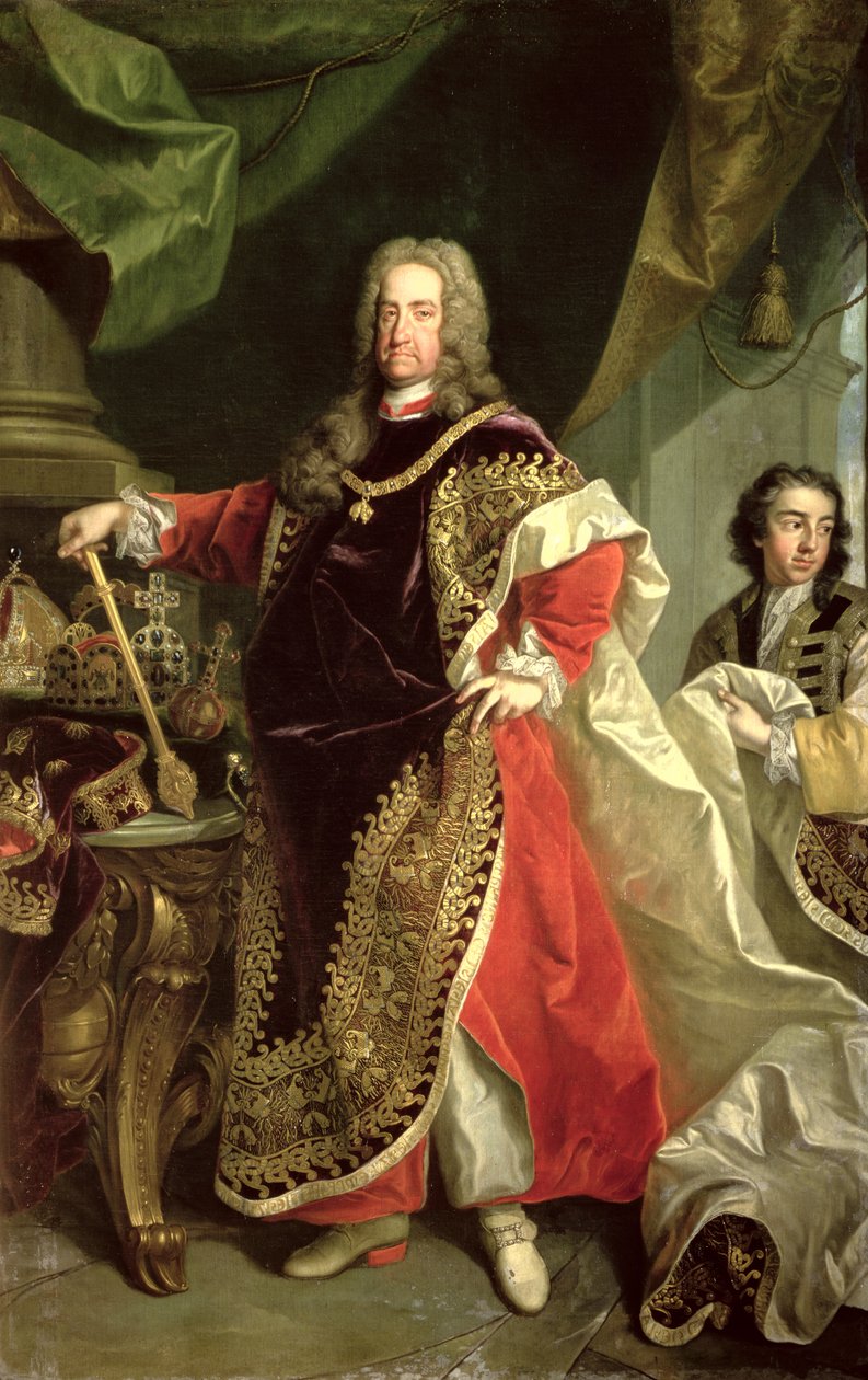 Kaarle VI (1685-1740), Pyhän Rooman keisari, joka pukeutuu Kultaisen Fleecen ritarikunnan kaapuihin tekijältä Johann Gottfried Auerbach