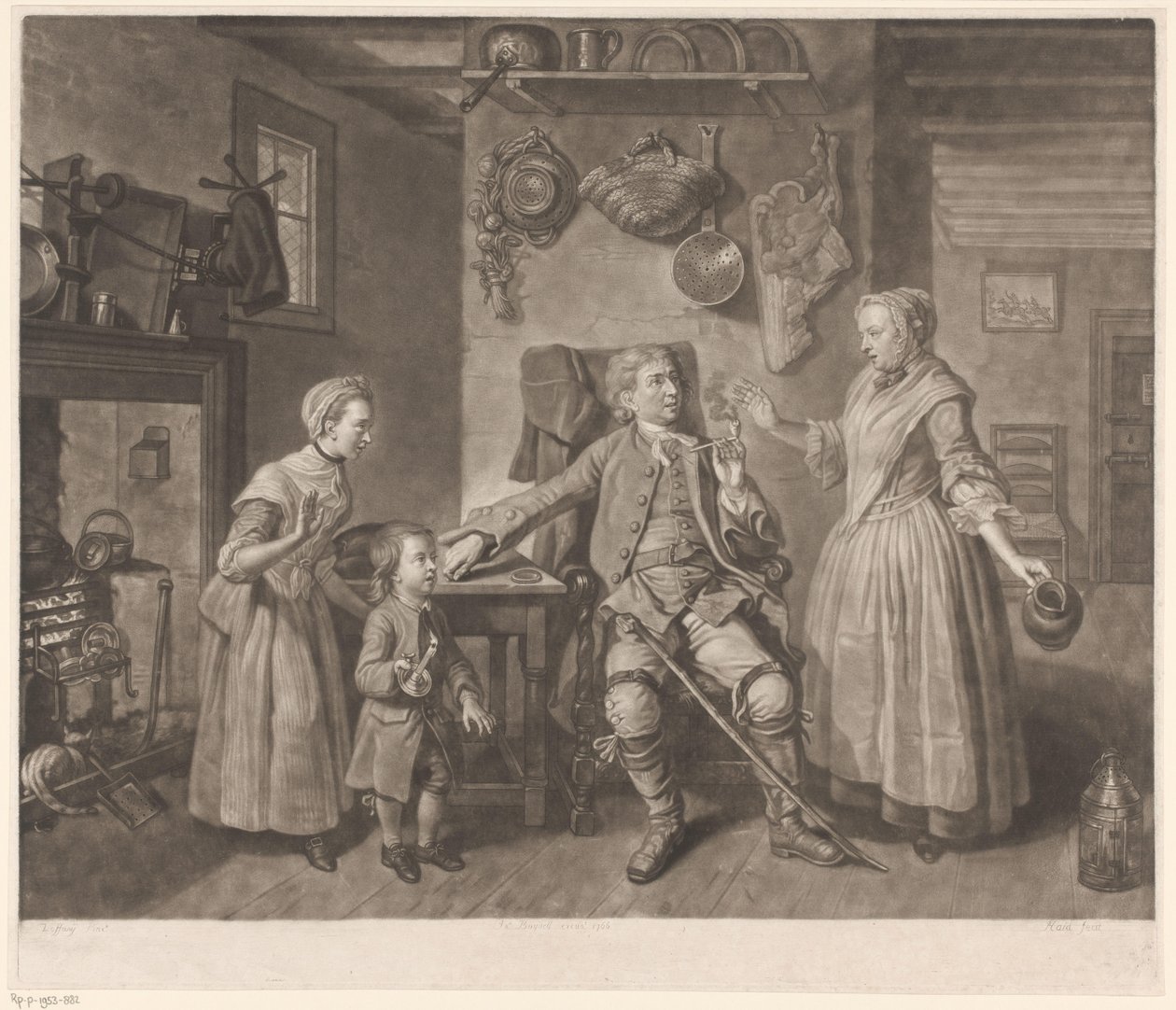 Muotokuva näyttelijä David Garrickista kotiin palaavan maanviljelijän roolissa tekijältä Johann Gottfried Haid