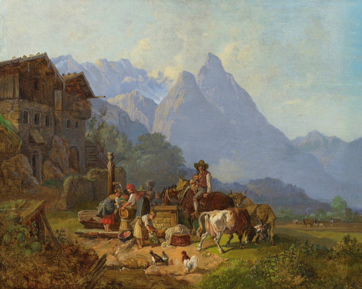 Heinrich Bürkel Vuoristokylä ja suihkulähde c1845 tekijältä Johann Gottfried Steffan