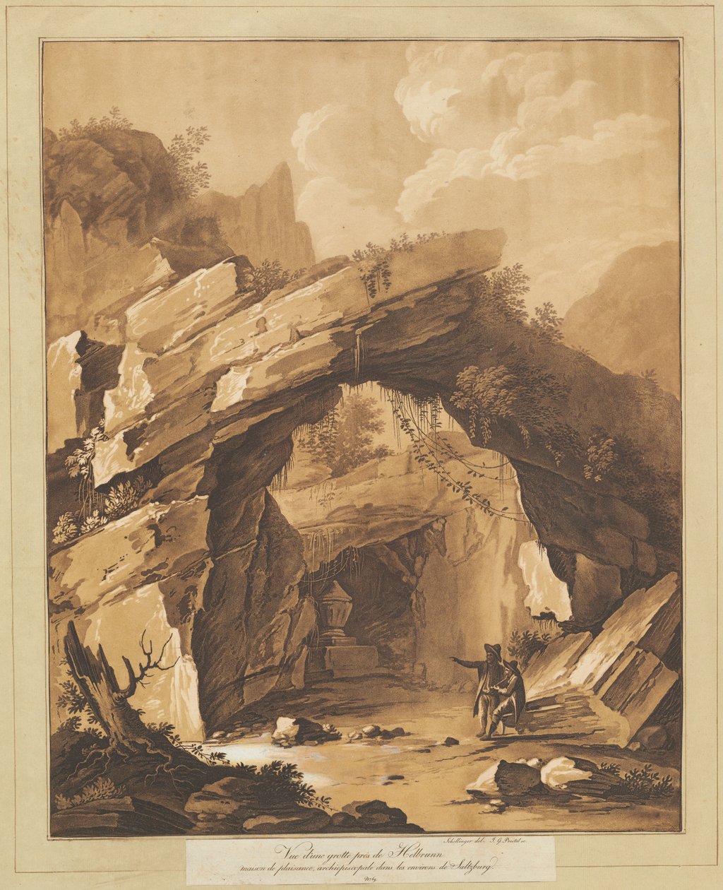 Näkymä Heilbrunnin luolalle, lähellä Salzburgia tekijältä Johann Gottlieb Prestel, after Schellinger