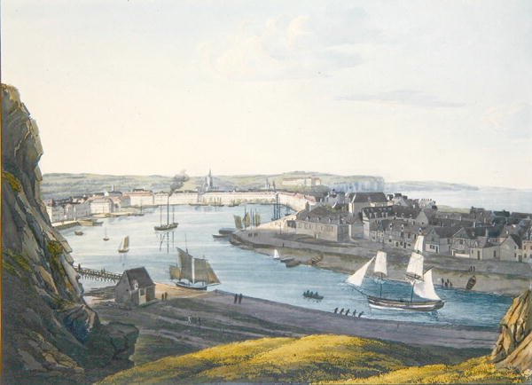 Näkymä Dieppeen 1800-luvun alussa (värikaiverrus). tekijältä Johann Heinrich (after) Luttringshausen