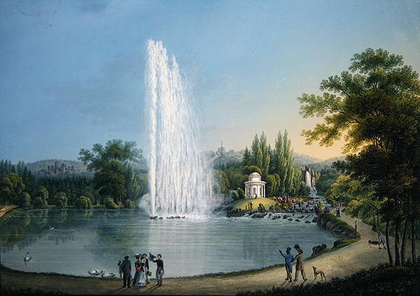 Suuri suihkulähde, n. 1820 (väri litho) tekijältä Johann Heinrich Bleuler