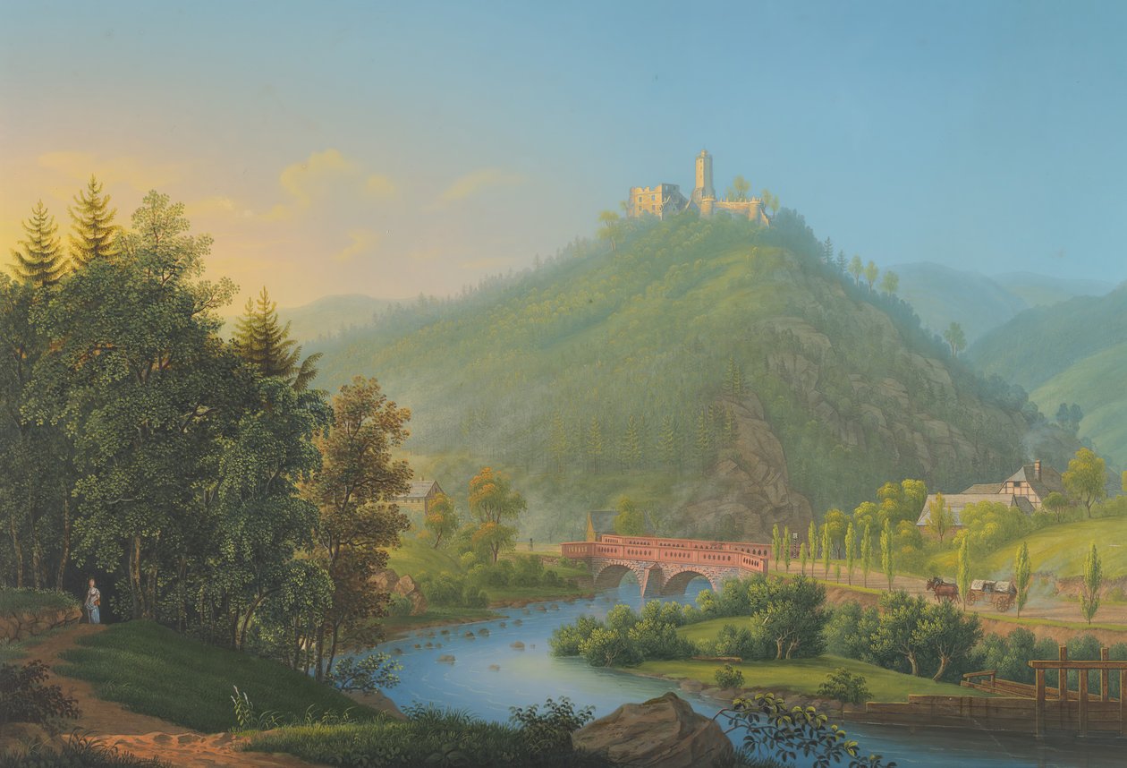 Näkymä Kynsburgiin Weistritz-joen laakson yli Sleesiassa, 1700-1800-luvun loppu. tekijältä Johann Heinrich Bleuler