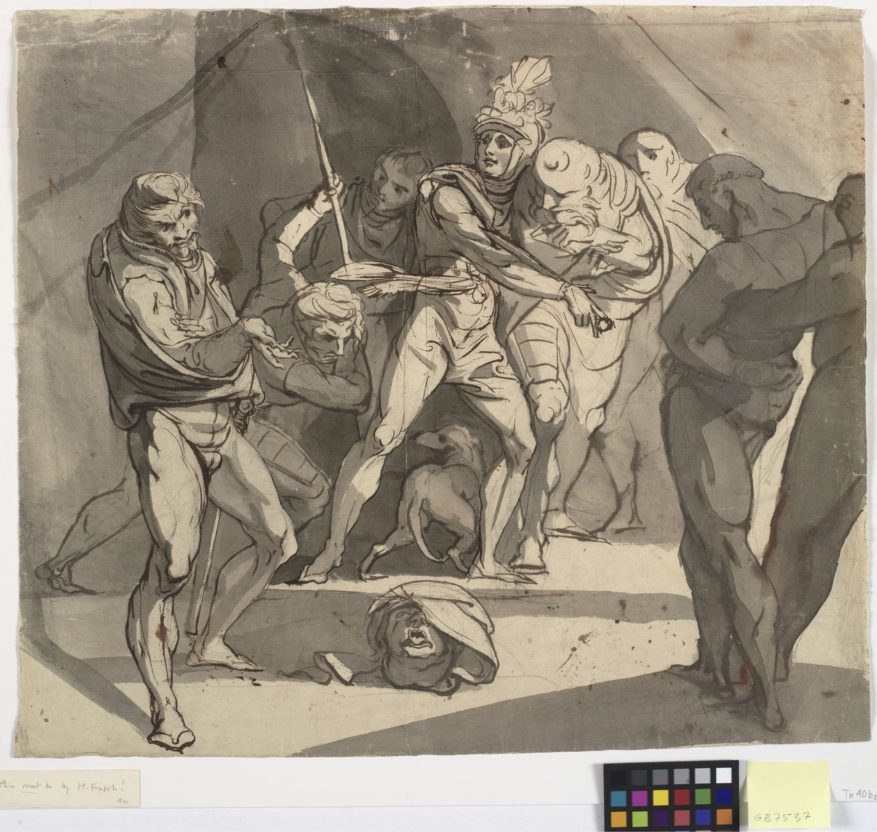 Richard Plantagenet heittää Somersetin herttuan leikatun pään isänsä jalkojen juureen. Kuvitus Shakespearen Henry VI:lle, osa 3, näytös 1, rivi 20 tekijältä Johann Heinrich Füssli