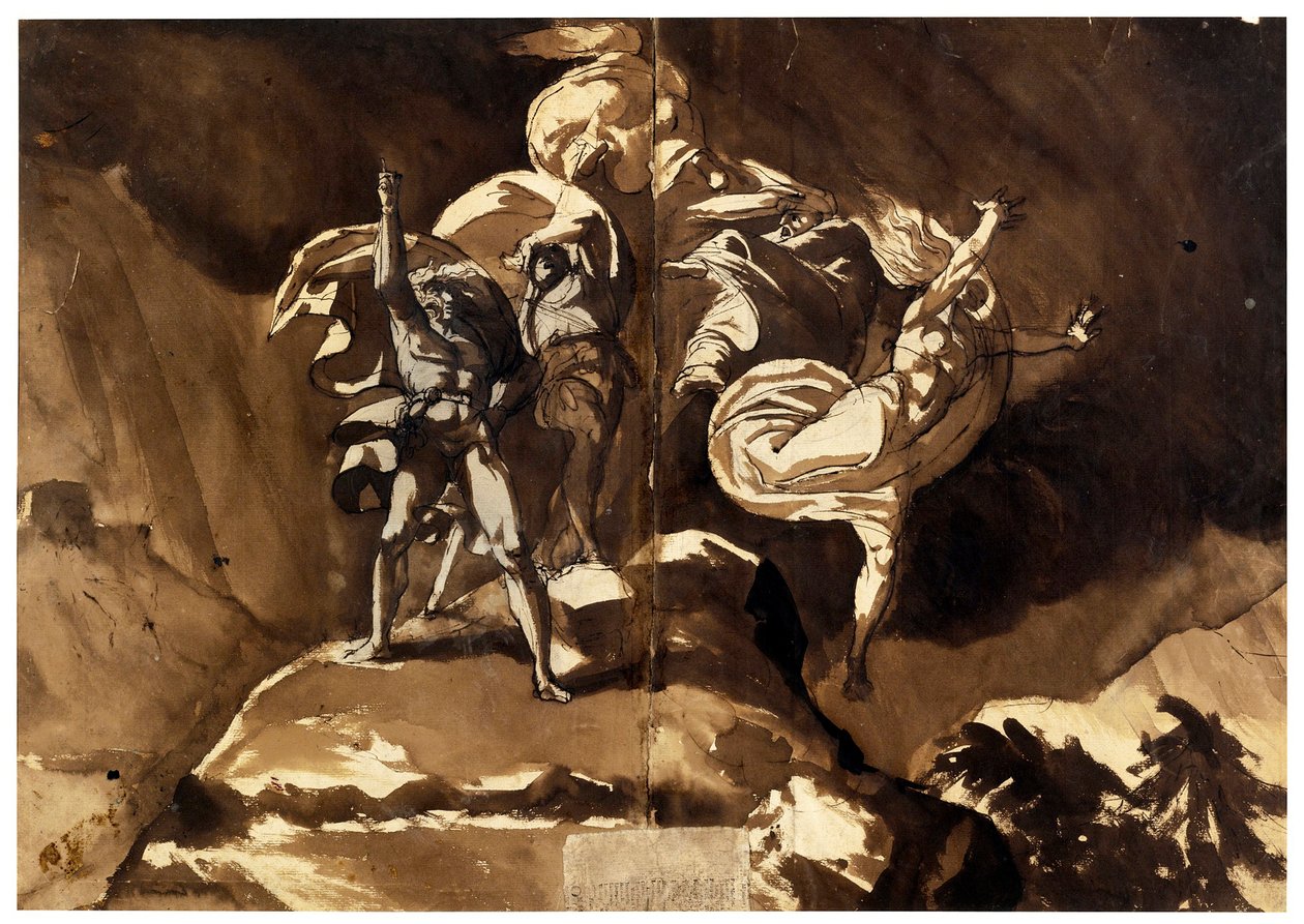 Noidat kelluvat Macbethin ja Banquon yläpuolella (Les sorcieres flottant au dessus de Macbeth et Banquo) - par Fussli (Fuseli), Johann Heinrich (1741-1825), - Kynä, sivellin, ruskea intialainen muste, valkoinen väri, musta liitu paperille, 46,5x66,2 - Yksi tekijältä Johann Heinrich Füssli