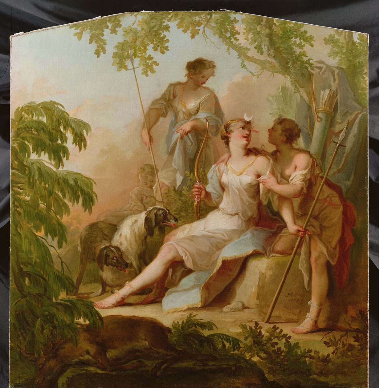 Diana lepää metsästyksen jälkeen tekijältä Johann Heinrich Keller