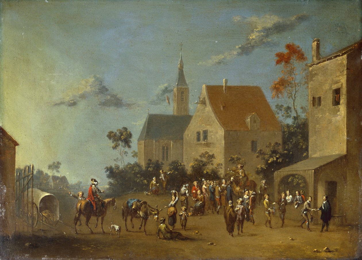 Talonpojat kokoontuvat kylään (öljy metallille) tekijältä Johann Heinrich Keller