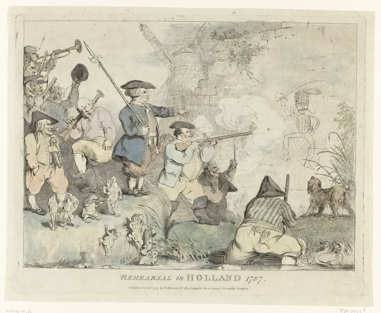 Harjoitus Harjoitus Hollannissa 1787 (otsikko esineessä) Neljä englantilaista sarjakuvaa Patriotsista vuonna 1787 (sarjan nimi) tekijältä Johann Heinrich Ramberg