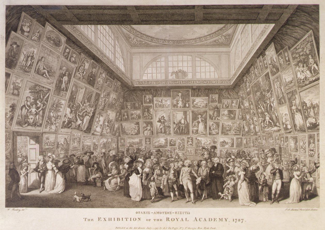 Sisäkuva Somerset Housesta, jossa näkyy Royal Academy of Arts -näyttely vuonna 1787 tekijältä Johann Heinrich Ramberg