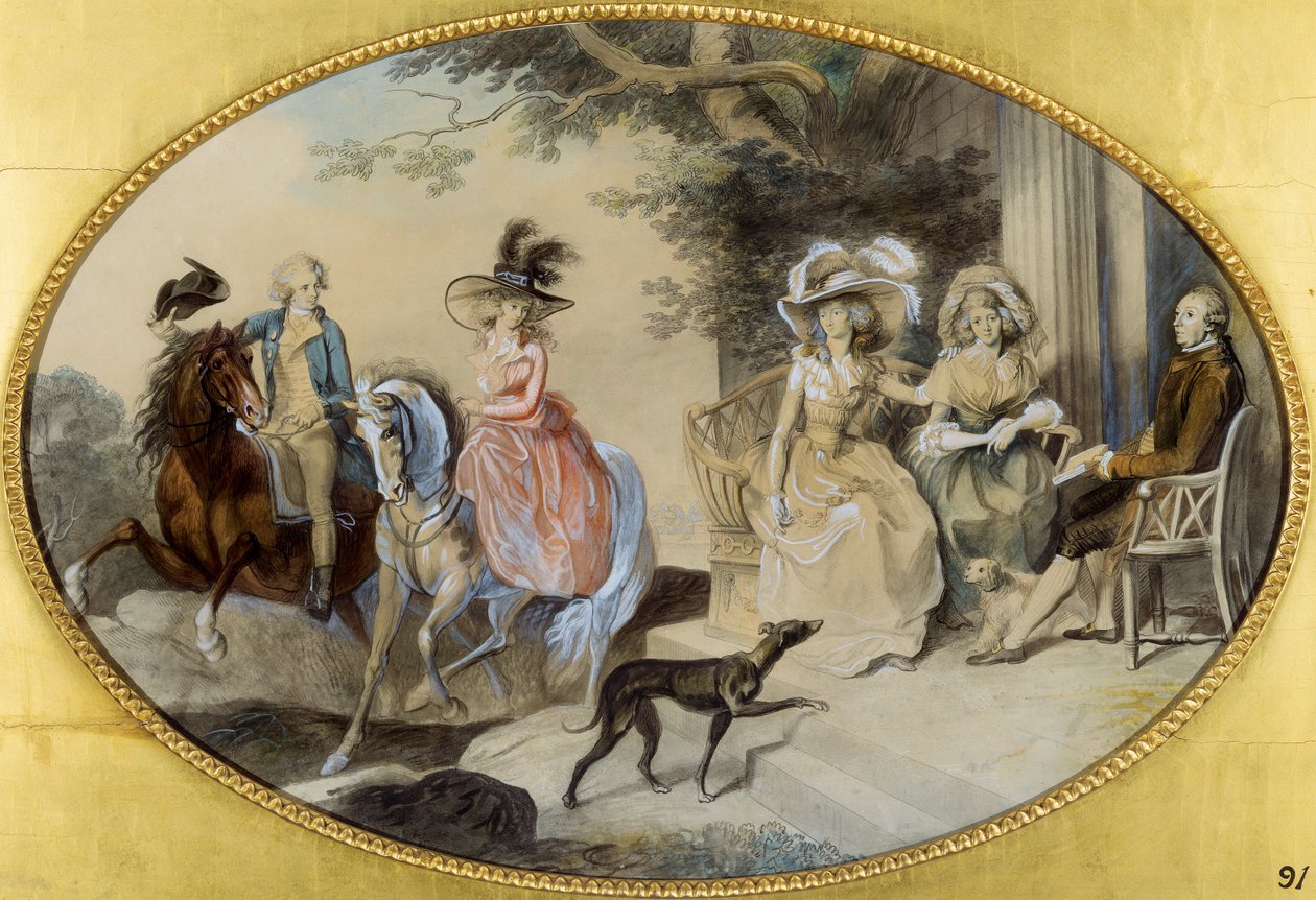 Lady St. Aubyn ja hänen perheensä (kynä ja sivellin ja musta muste, akvarelli ja guassi paperille) tekijältä Johann Heinrich Ramberg