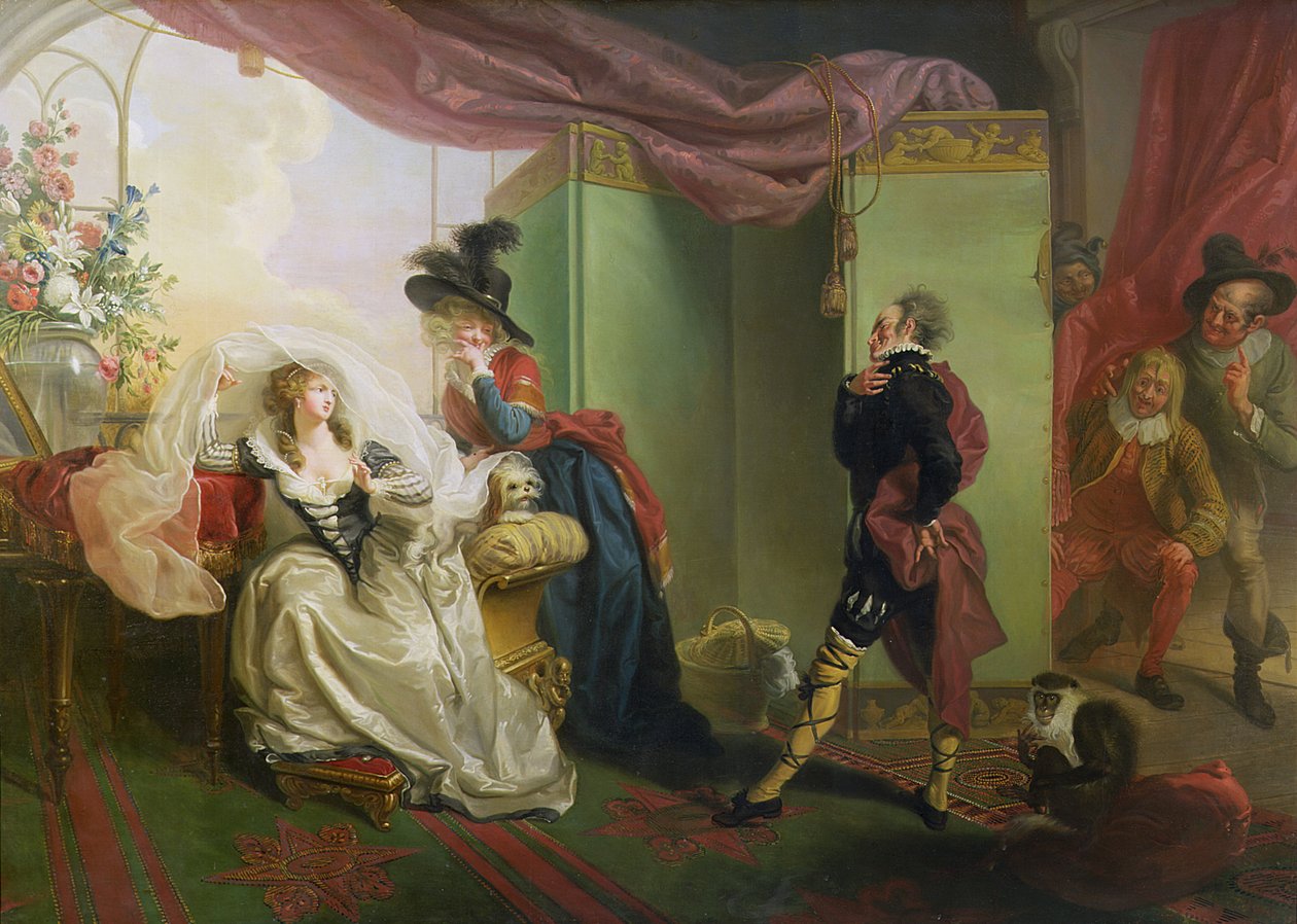 Malvolio ennen Oliviaa, William Shakespearen (1564-1616) "Kahdestoista yöstä" 1789 tekijältä Johann Heinrich Ramberg
