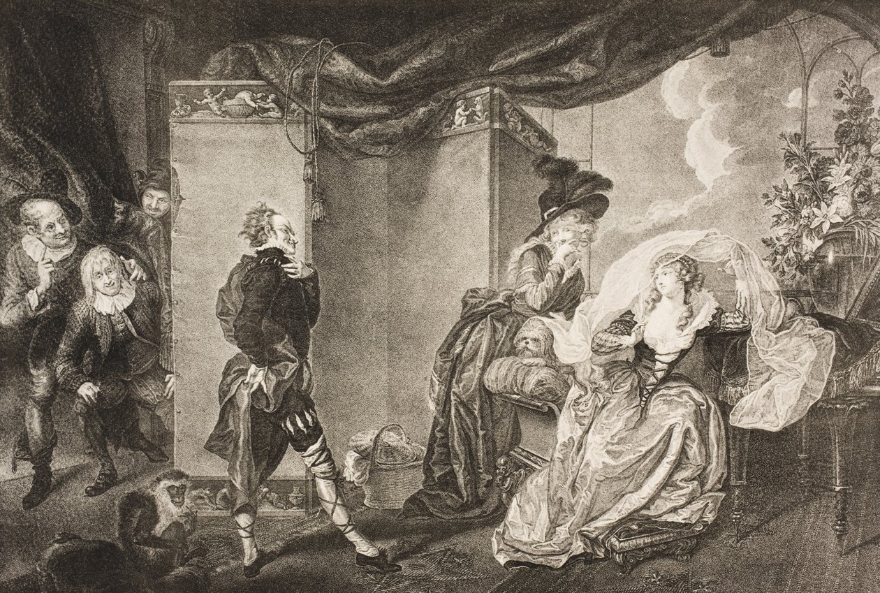 Olivian puutarha, näytös III, kohtaus IV, 1200-luvun lopulla julkaistusta Boydell Shakespeare -galleriasta "Twelfth Night, or what you Will" tekijältä Johann Heinrich Ramberg