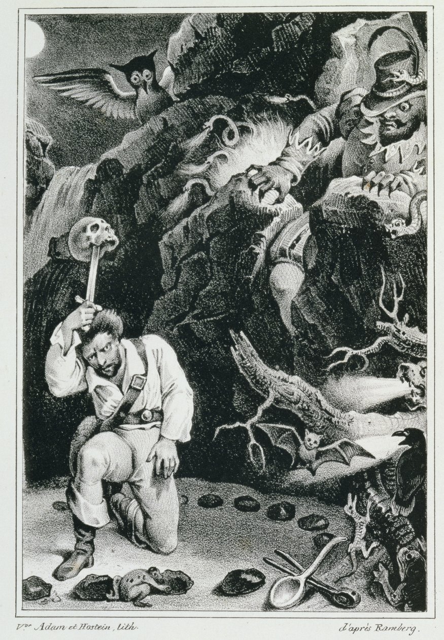 Kohtaus Carl Maria von Weberin (1786-1826) oopperasta "Der Freischutz" Adam et Hosteinin litografia tekijältä Johann Heinrich Ramberg