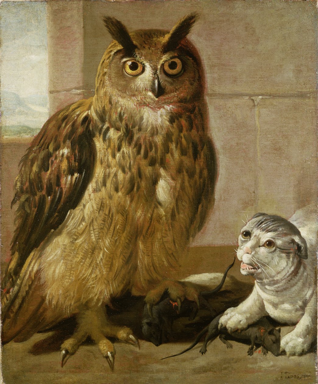 Pöllö ja kissa kuolleiden rottien kanssa tekijältä Johann Heinrich Roos