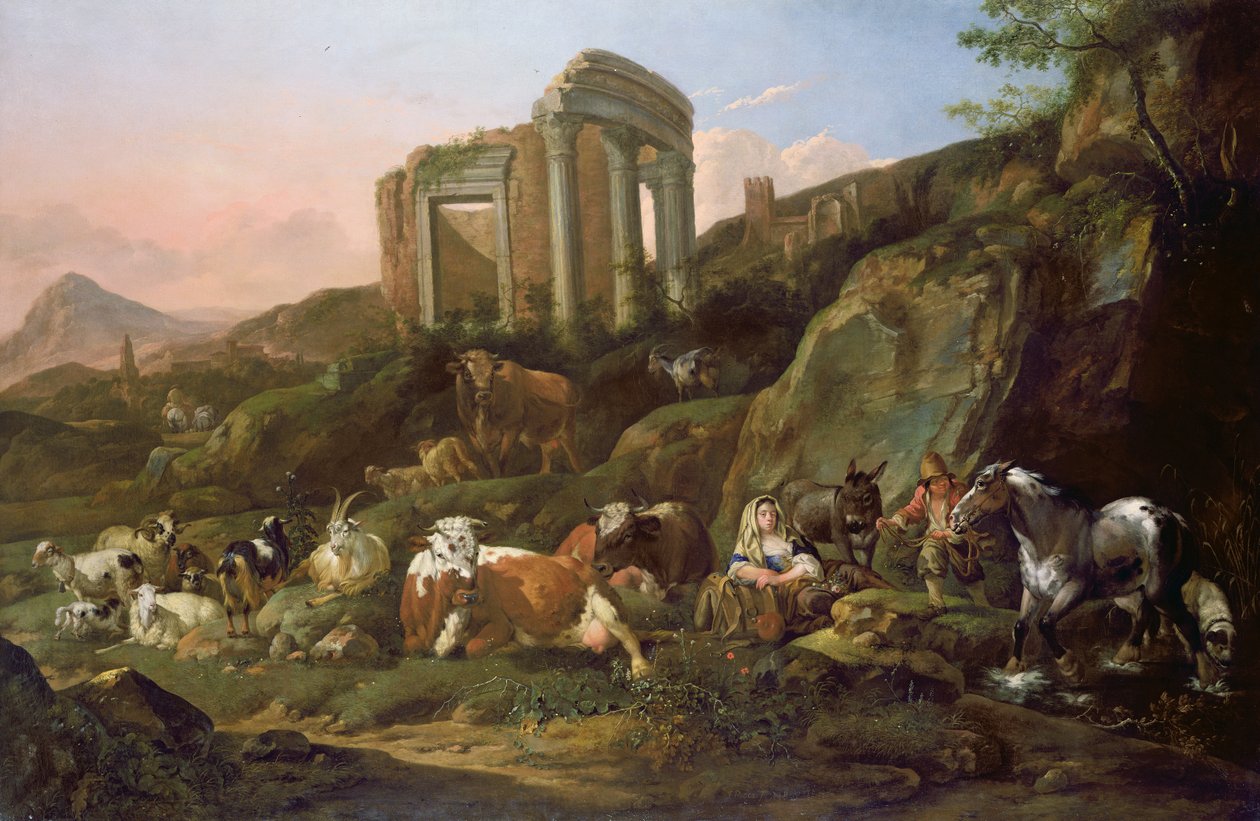Maatilan eläimiä klassisessa maisemassa, 1684 tekijältä Johann Heinrich Roos