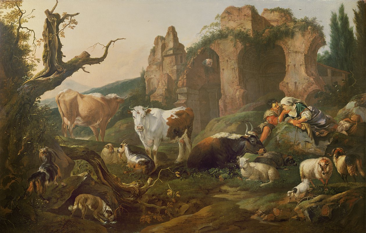 Maatilaeläimet maisemassa, 1685 tekijältä Johann Heinrich Roos