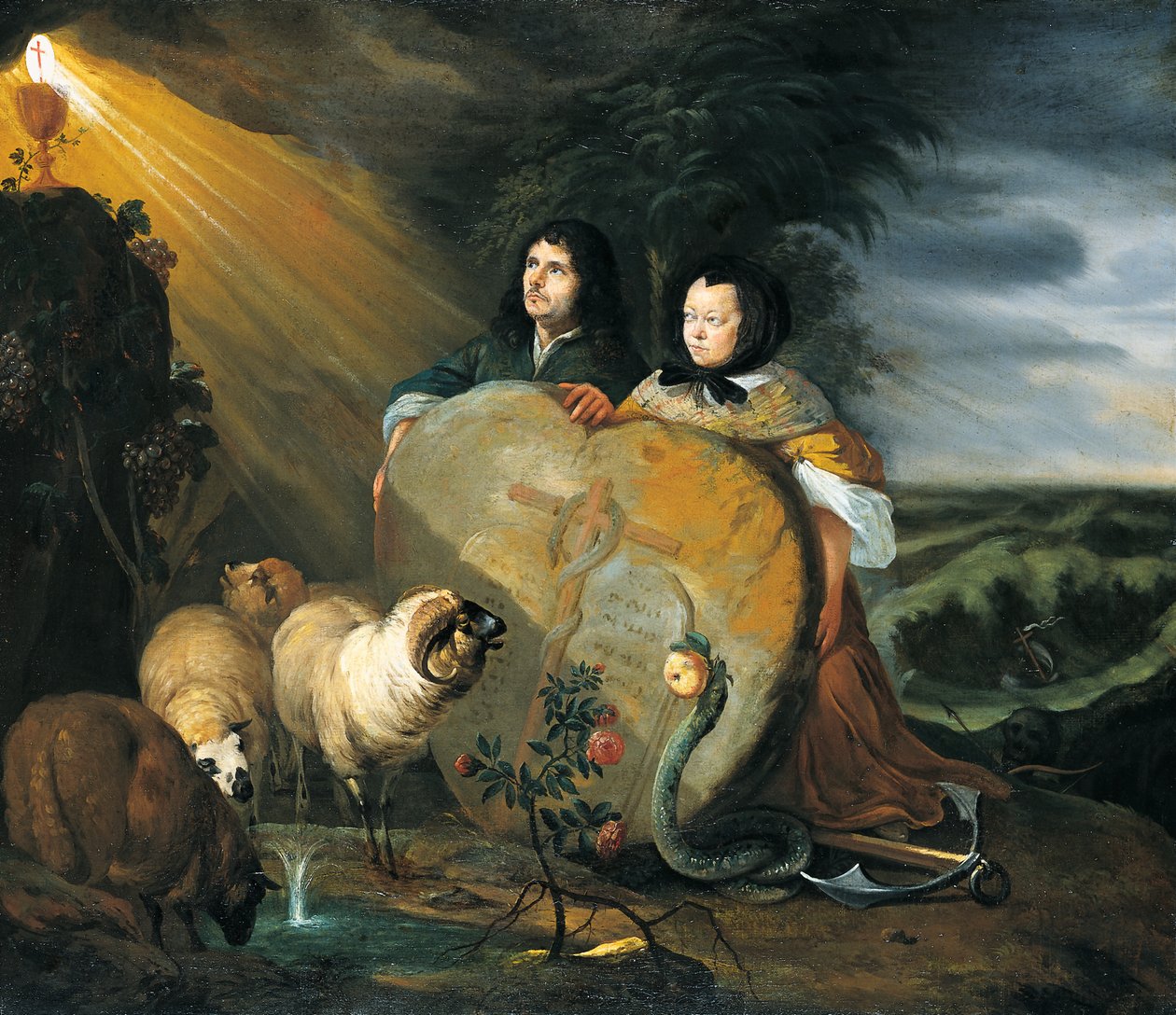 Omakuva (?) vaimonsa ja kristillisen uskon symbolien kanssa tekijältä Johann Heinrich Roos