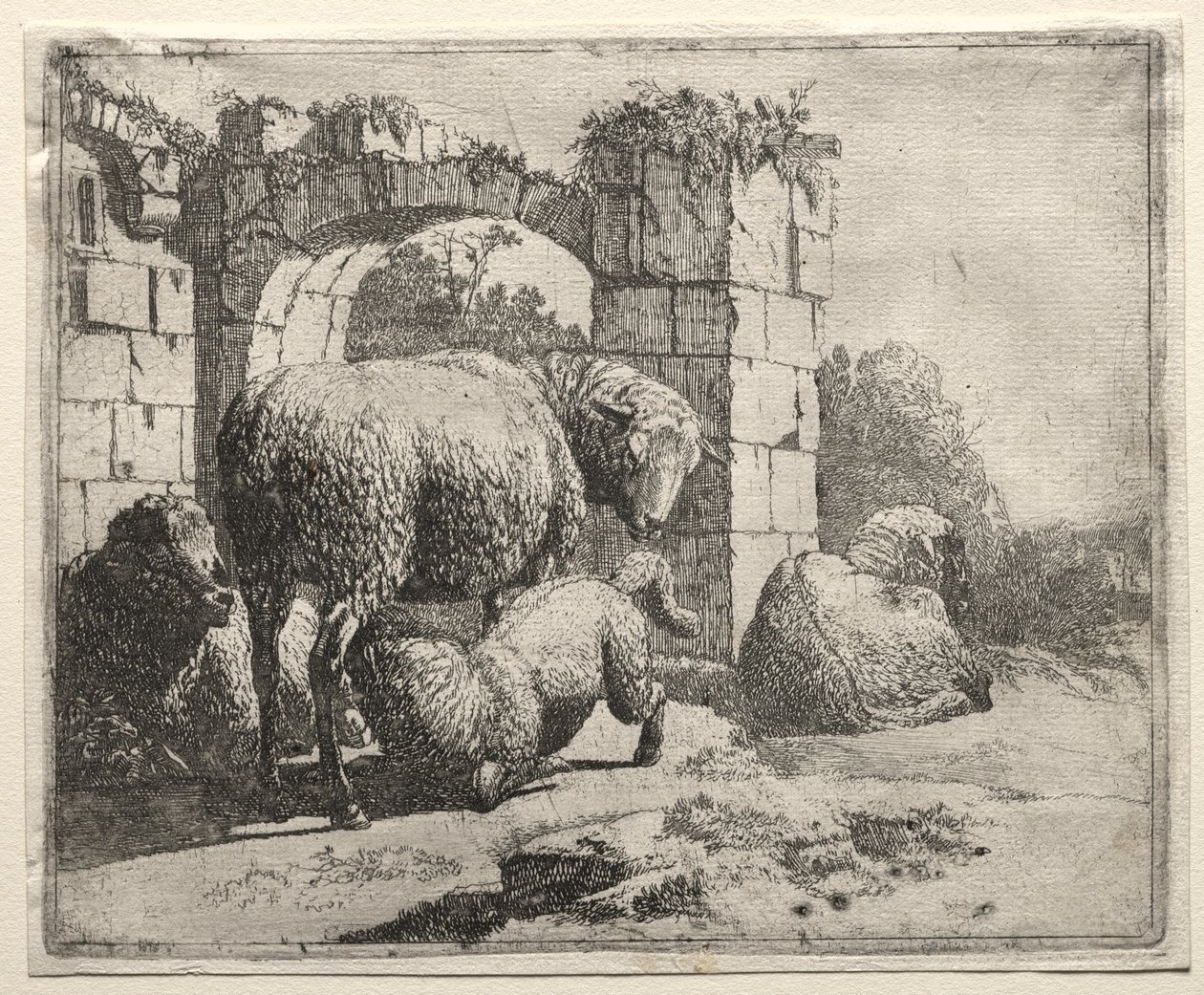 Lampaat lähellä kaaren raunioita tekijältä Johann Heinrich Roos