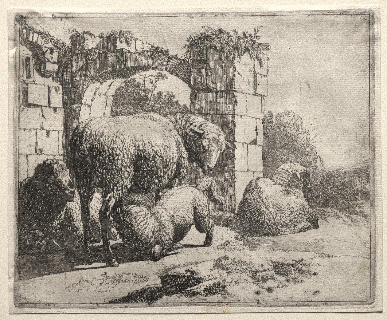 Lampaat lähellä kaaren raunioita, 1665. tekijältä Johann Heinrich Roos