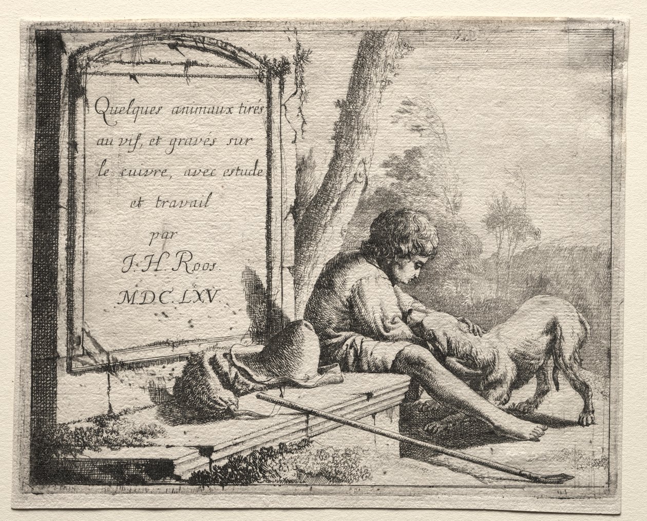 Otsikko: Paimen silittää koiraansa tekijältä Johann Heinrich Roos