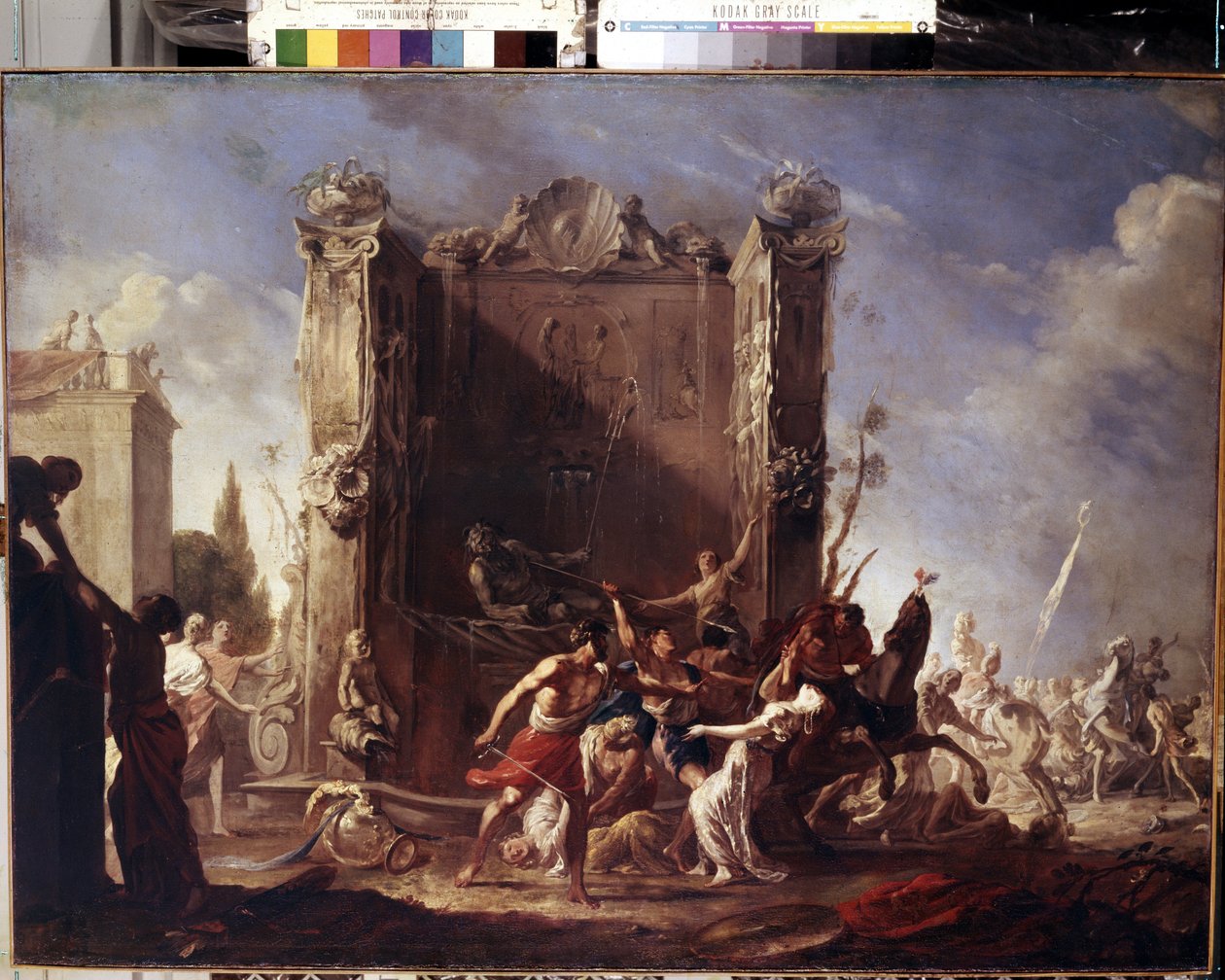 Sabine-naisten raiskaus. Johann Heinrich Schoenfeldin (1609-1684) maalaus. Öljy kankaalle, 98,5 x 134 cm, noin 1630-1640. Saksalaista taidetta, barokkitaidetta. Eremitaaši, Pietari. tekijältä Johann Heinrich Schonfeldt