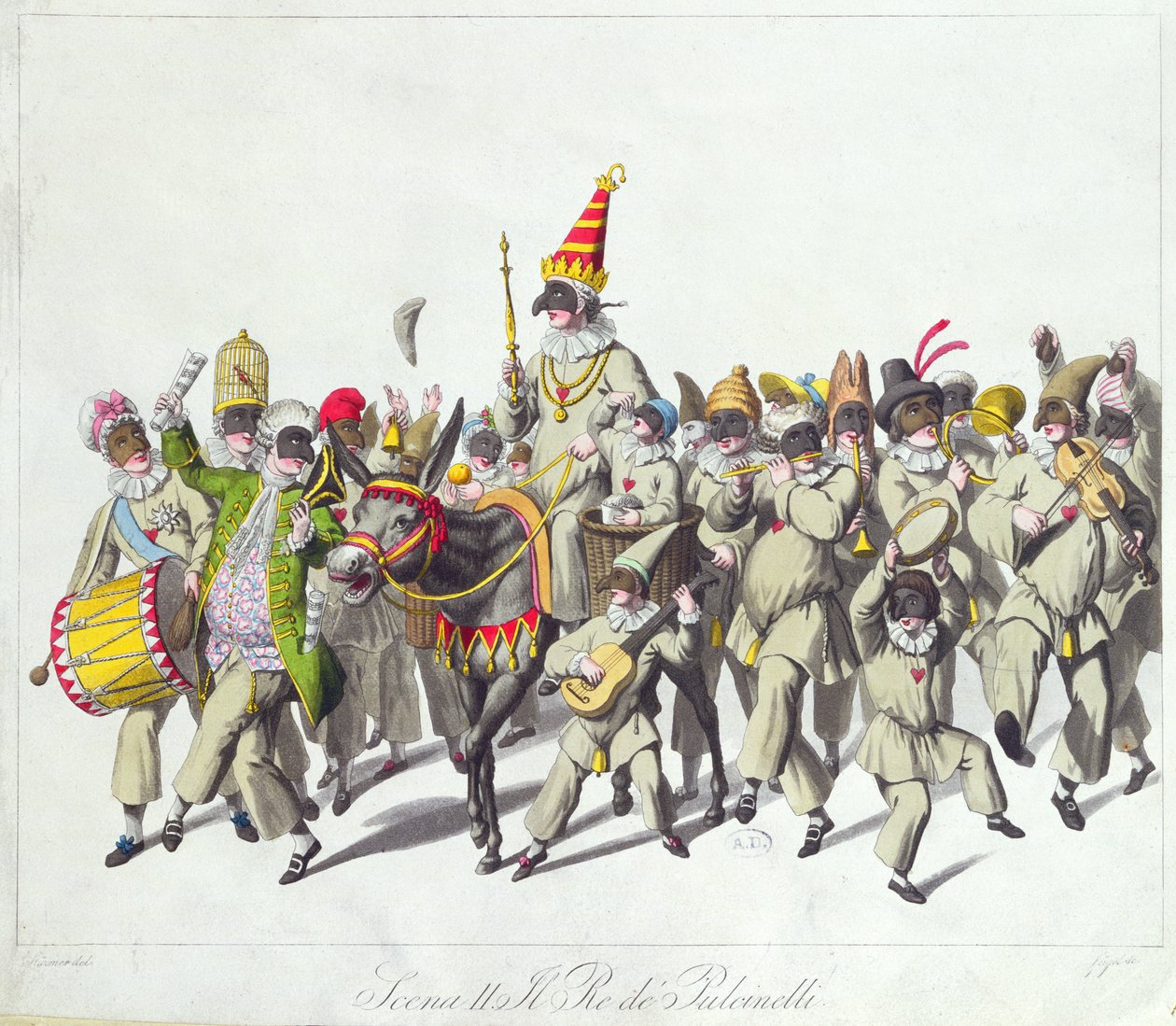 Kuningas Punchin kulkue roomalaisen karnevaalin aikana, 1800-luvun alku (värikaiverrus) tekijältä Johann Heinrich Stuermer